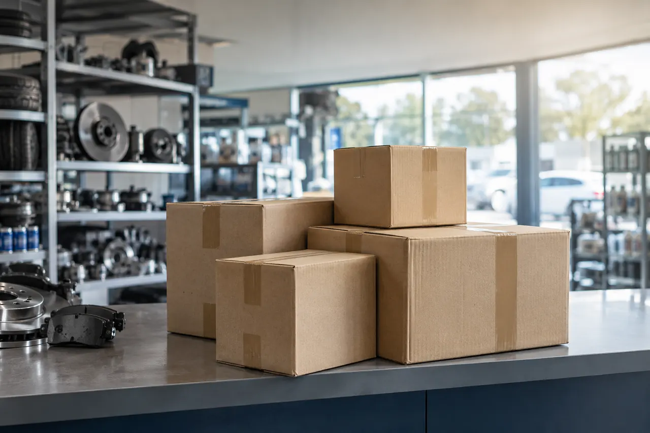 Cajas de varios tamaños sobre el mostrador, preparadas para salir.