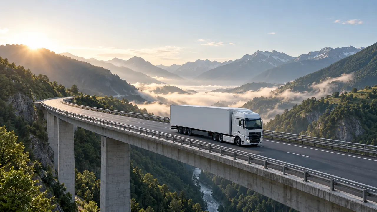 Un camión articulado cruza un viaducto entre montañas con niebla baja.